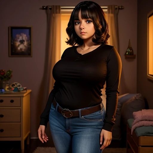 Dark nightmarish movie style, a petite cute shy innocent skinny with monstously huge fat size breasts nerdy emo teen, short volumetric hair, beautiful detailed brown eyes, cutely detailed lips, super cute highly detailed eyes and face, round shape face, me...