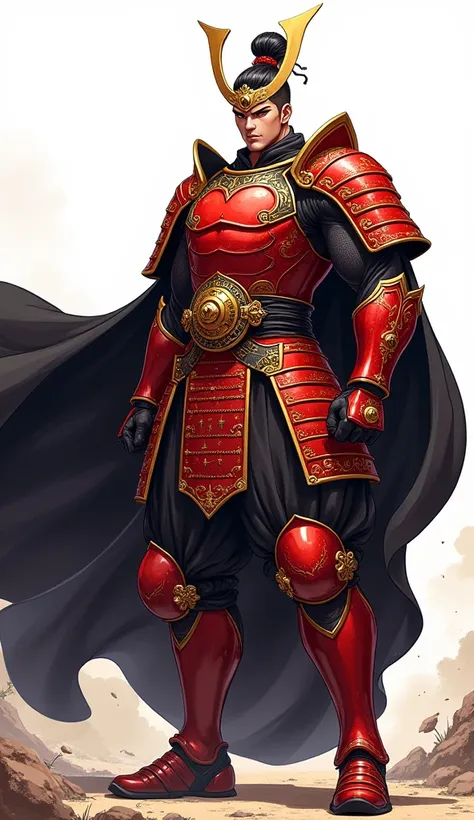 Anime style  illustration , red and gold shiny samurai armoured shogun muscular boy , hunter eyes , black cape , in white background , 