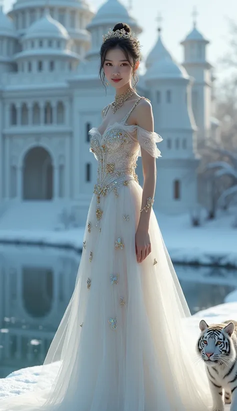 Full-length portrait of a young, smiling Japanese beauty with pale skin, delicate features, and a high hair bun.

Looking at the camera.

A pure white baby white tiger is walking alongside her.

Adorned with a pearl headband and matching earrings, she stan...