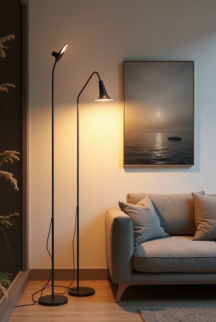 Minimalist double floor lamp in living room and oil painting in the background