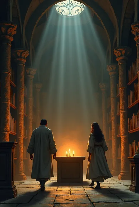 They slowly reached a room where there were old books and candles on the table.