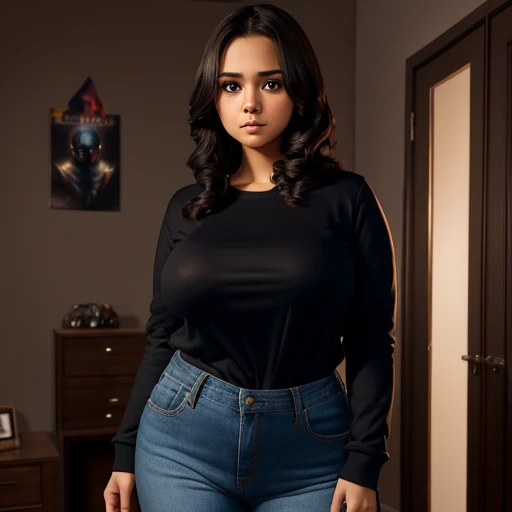 Dark nightmarish movie style, a petite cute shy innocent skinny with monstously huge fat size breasts nerdy emo teen, short volumetric hair, beautiful detailed brown eyes, cutely detailed lips, super cute highly detailed eyes and face, round shape face, me...