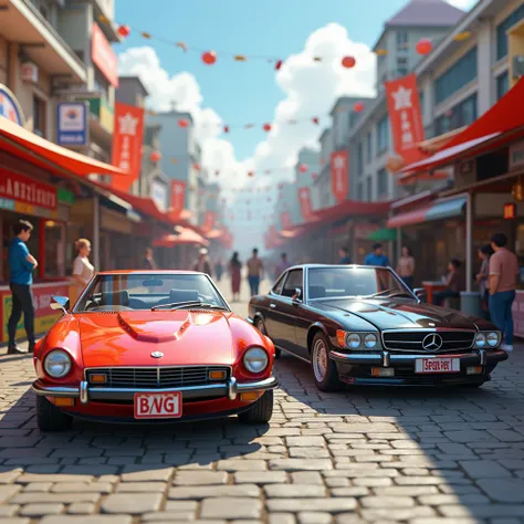 a open market for car dealer ship, here 2 cars have car for sale tag, 3d game render