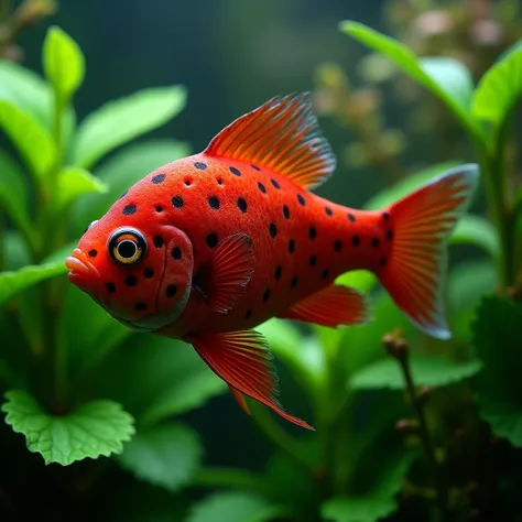  extremely hyper realistic natural photo of a Strawberry Fish : A red fish with black spots resembling seeds ,  swimming in an aquarium decorated with green plants that resemble strawberry leaves.