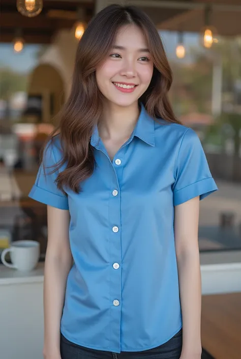  Korean girl with long hair ,  Natural Brown Hair ,   medium chest,  Smiling, seeing white teeth,  Wear a blue short-sleeved collar shirt with a 40-inch chest.,   Italian Silk ,White Buttons ,Long black jeans, RANDOM GESTURES, stand ,  Daylight  ,  dayligh...