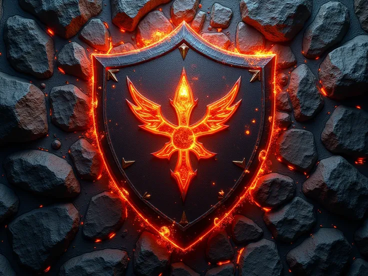 Drawing. Lava shield logo. black stone background covered with lava cracks. gloomy atmosphere