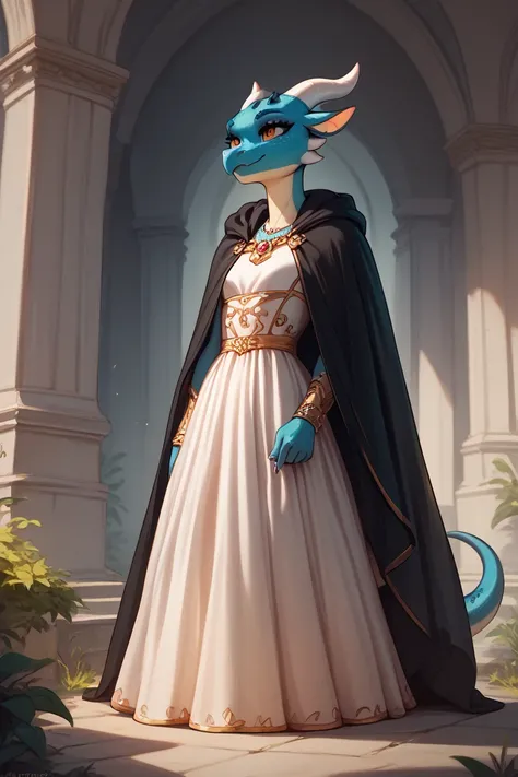 black female kobold, female black dragon, wearing a dress, clean dress, lute, no wings, cloak, admiring you, poor dress, no jewelry 