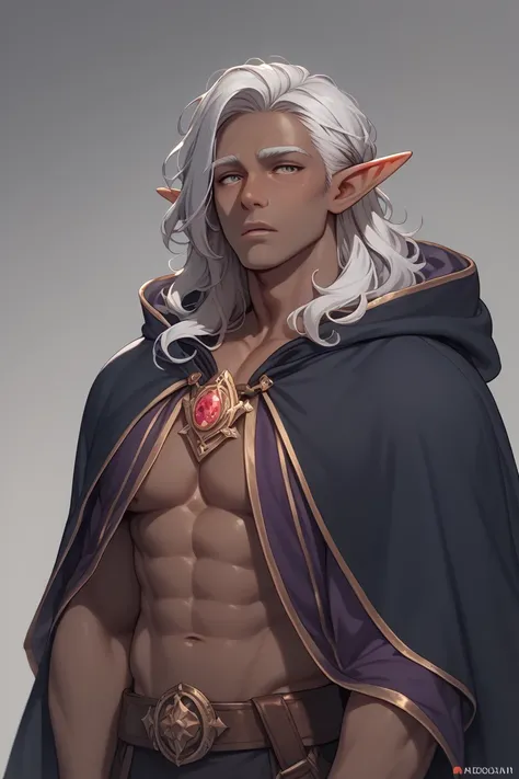 Tall male gray skinned elf, long wavy white hair, buff, wizard cloak, smooth face, wizard robes, dark gray skin