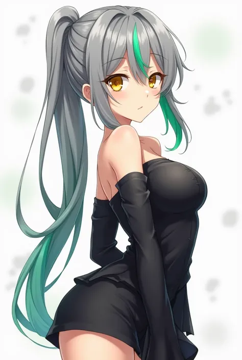 " make an image of an adult anime girl /Teenager with gray skin color , gray hair tied with a green highlight, And eyes with yellow irises ,  in black clothes showing only her right shoulder , e um shorts preto, sexy."