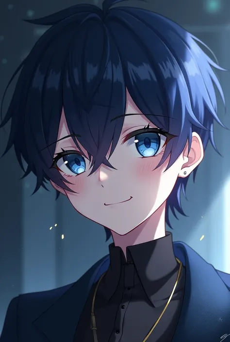 Expression -  >  smiles  ( Slightly smiles )
 Mood -  > Mysterious + Slightly cute atmosphere
My eyes are slightly blue, and my hair color is bluish black
As a male character