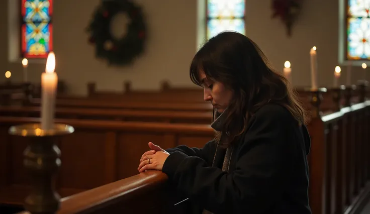 Whispering a Silent Prayer:
A 28-year-old Muna woman sits alone in a wooden pew, leaning slightly forward as she whispers a silent prayer. Her hands rest gently on the pew in front of her, and her face is lit with soft candlelight. The church is adorned wi...