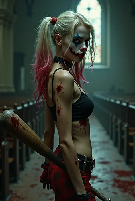   A very young Harley Quinn   ,   faded and worn clown makeup ,      with a bloody baseball bat   ,      perverse look and Maleficent smile    , Psychotic look ,   very thin and slender body    ,   In a gothic church , dark, He carries blood ,  de espaldas...