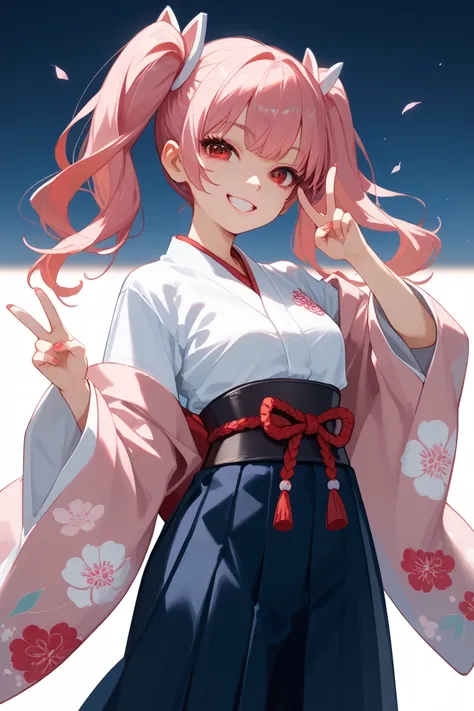  high school girl, Red eyes, She is wearing a Japanese style , Twin tails,  The hair is black, but the tips are dyed pink, The pose is standing with V on both hands ,  has a big smile .