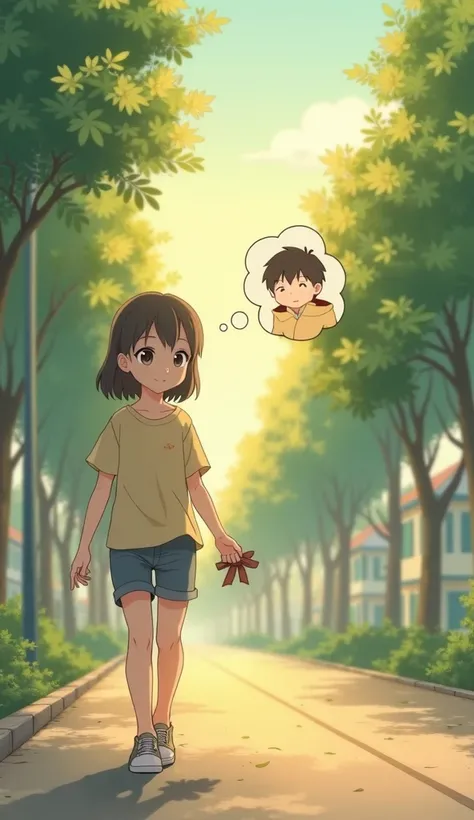 A soft pastel-tone anime-style illustration of a young girl walking along a quiet street, her expression thoughtful and wistful. As she walks, her mind drifts to memories of her time with the boy, which are gently depicted around her in soft, transparent f...