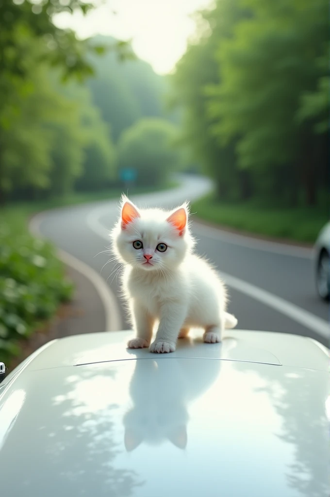 Ek kitten jo ek white car ke upar khadi h behind road h