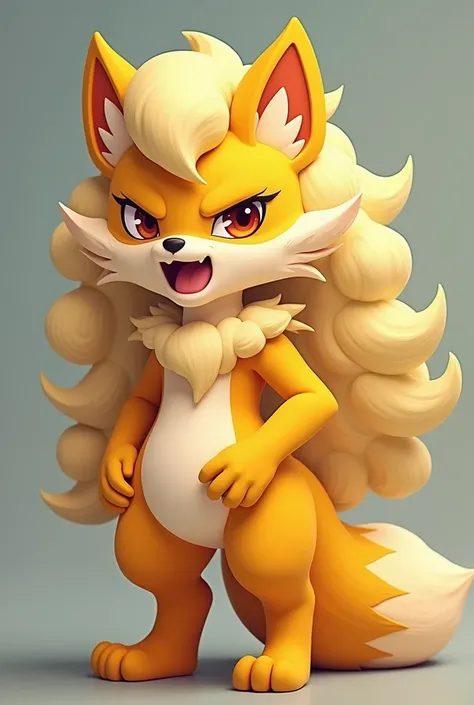 *Kini is a feneco furry girl ,  she is 90 centimeters tall , She has a feneco head ,  she has yellow fur , furry tail,  medium thighs and medium hips ,  A curvy body .  She is angry and has curly blonde hair that goes up to her waist