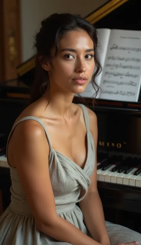 A 37-year-old woman with a thoughtful expression, wearing a modest dress, seated by a piano.