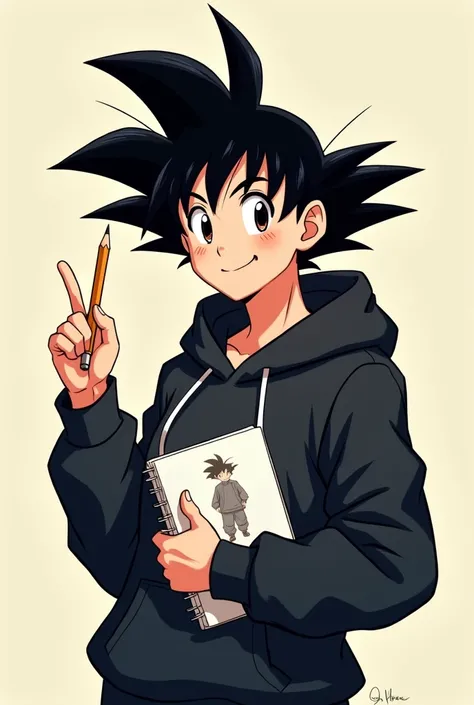 Goku image wearing black hoodie and with a sketchbook in her hand and a mechanical pencil in her hand and showing thumb in happ mood