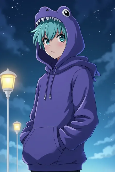 Draw an anime character with mint-colored hair and a purple hoodie , Draw an animated character of a handsome male wearing a purple dinosaur hat, draw a starry sky background, draw a street lamp, and then draw a picture of him standing!