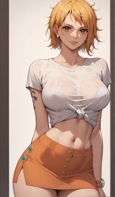 Score_9, Score_8_up, Score_7_up, Score_6_up, Score_5_up, Score_4_up, Source_anime, Tag1, Tag2, Quality_masterpiece, Anatomically correct, face, Perfect face, Highly detailed face and eyes, Nami from one piece,Short Hair, Blonde Hair, Bob Cut, Messy Hair, w...