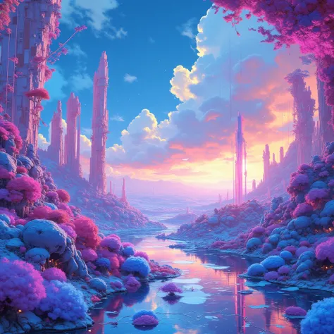 Metaverse BGM production, HDR quality, breathtaking 3D style art design, no text, main color blue＆pink, vibrant color tufts, digital world horizon