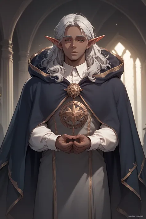 Tall male gray skinned elf, long wavy white hair, buff, wizard cloak, smooth face, wizard robes, dark gray skin, long sleeves 