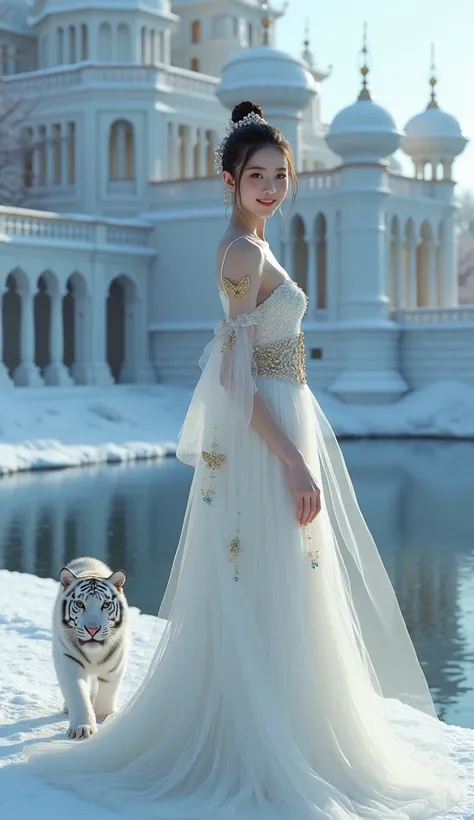 Full-length portrait of a young, smiling Japanese beauty with pale skin, delicate features, and a high hair bun.

Looking at the camera.

A pure white baby white tiger is walking alongside her.

Adorned with a pearl headband and matching earrings, she stan...