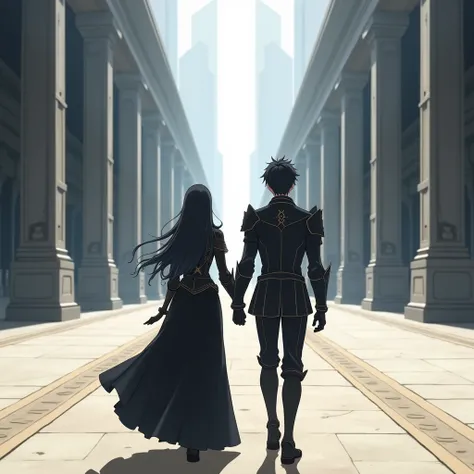 Anime , same height couple walking through empty empire street holding hands, looking to the front , wearing black armore , shown from bebind 