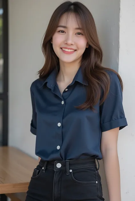  Korean girl with long hair ,  Natural Brown Hair ,   medium chest,  Smiling, seeing white teeth,  WEAR A DARK BLUE SHORT SLEEVE COLLAR SHIRT WITH A CHEST OF 40 INCHES,   Italian Silk ,White Buttons ,Long black jeans, RANDOM GESTURES, stand ,  Daylight  , ...