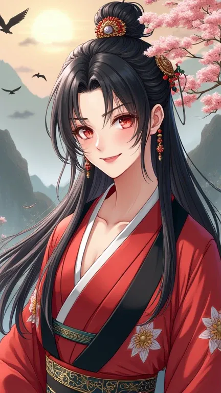  High Resolution ,  high detail,  has shiny hair, Big breasts, red eye, grinning, Looking up at the camera,  Shine Effect ,  wearing traditional East Asian clothing ， Specifically a red and black robe decorated with floral motifs 。 This person with long fl...