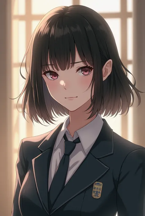  she is a beautiful and smart female disciple , sharp-eyed and fair-skinned ,  shoulder-length hair and wears an ash ash uniform with a box ash tie