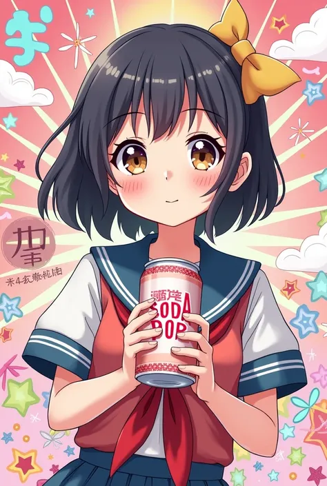 Create an album cover of a Japanese girl in a school uniform looking at the camera holding a can of soda that says Soda Pop on it. Her background should be kawaii 