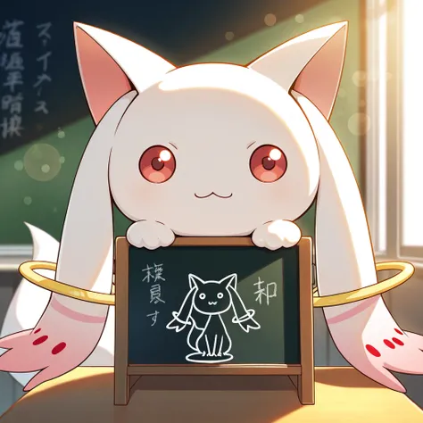 kyubey, :3, chibi, classroom, blackboard, looking at viewer, cinematic lighting, bokeh, masterpiece, best quality, perfect anatomy, very aesthetic, amazing quality, high resolution, ultra-detailed, absurdres, newest, depth of field, volumetric lighting