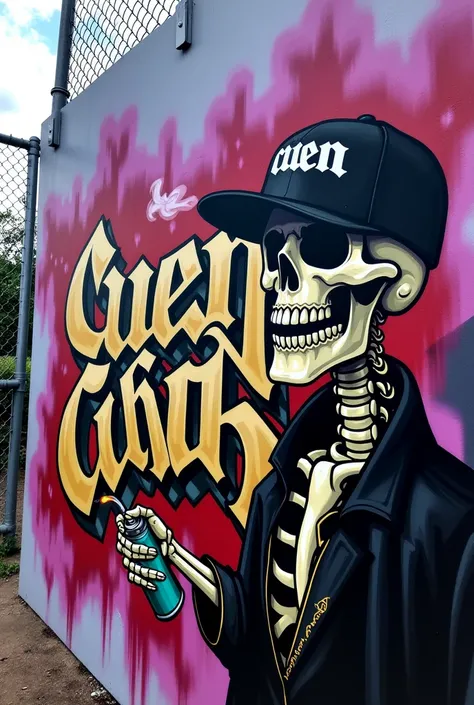 A vibrant graffiti mural depicting a stylized skeleton figure wearing a blue and yellow-gold baseball cap with a logo, a blue and orange jersey, holding a spray can in one bony hand and a lit cigarette in the other, smoke emanating from it.  The skeleA vib...