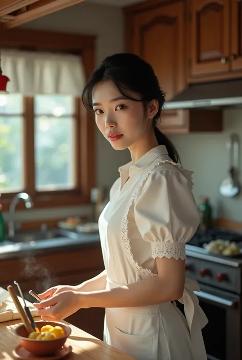  maid in the kitchen, like really 10000000% Black haired korean face 