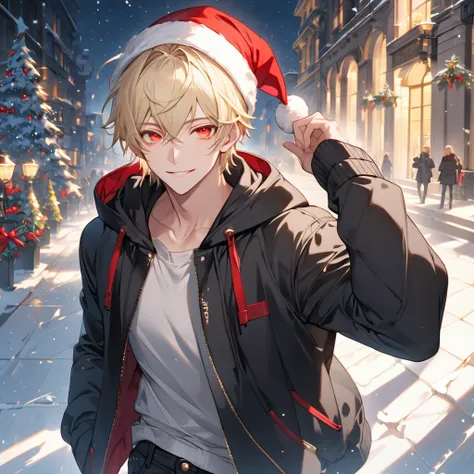 male, 25 years,  blondes,   red eyes、smile and cold eyes  ,  Santa hat ,   BLACK HOODED JACKET 、  black jeans