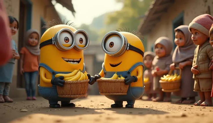 A hyper-realistic image of Minions handing out bananas to a group of poor and needy people in a heartfelt and compassionate scene. The Minions, wearing small aprons and carrying baskets full of bananas, are smiling warmly as they distribute the fruit. The ...