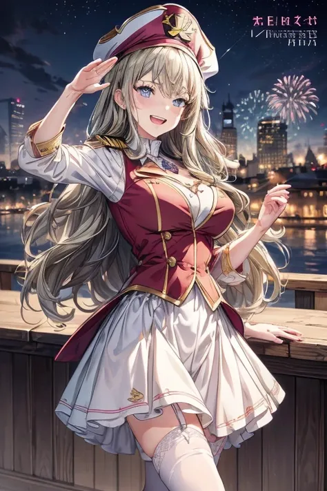 Adult Woman,  Lori face, (masutepiece:1.2, Best Quality), (finely detailed beautiful eye: 1.2), (beautifull detailed face), (perky chest:1.2), (pointed chest:1.1), (captain magazine cover:1.5)，Long dark blonde wavy hair、her thin pubic hair, White and pink ...