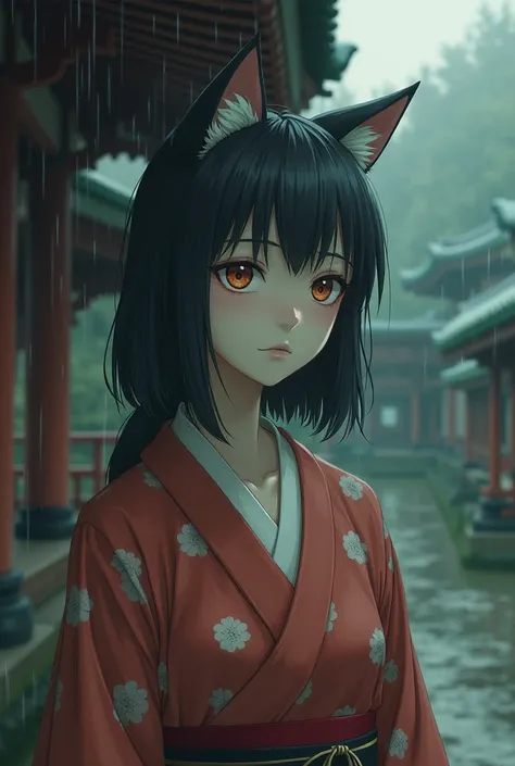 Shrine maiden　middle aged　 face that imitates a cat　Japan　 wet　sorrow