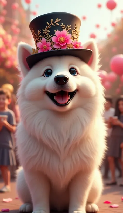 Create a Samoyed celebrating  with a top hat that has the pink with golden flowers all very realistic