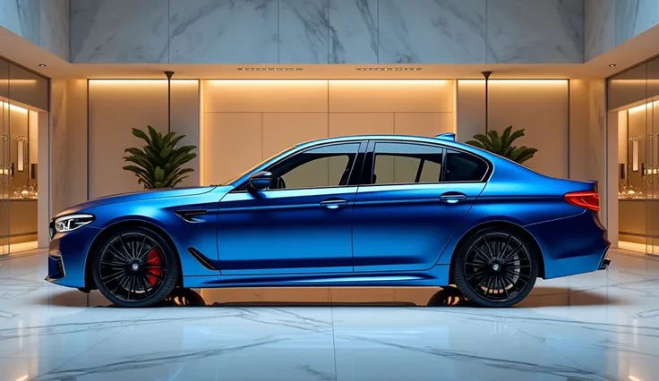 A ultrarealistic image of BMW M5 in Blue colour standing on luxurious showroom The full side  View 