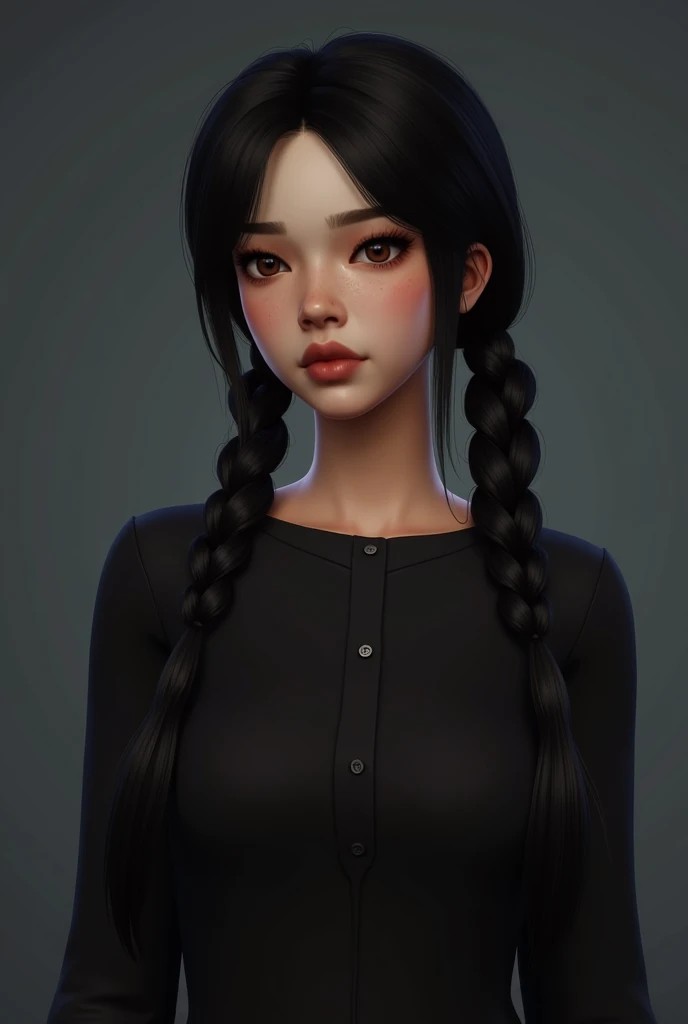 there is a woman with long hair and a black shirt, inspired by Sim Sa-jeong, second life avatar, with black pigtails, imvu, ariana grande in gta v, girl with plaits, the sims 4 texture, realism artstyle, braided hair. nightime, hyperrealistic teen, pigtail...