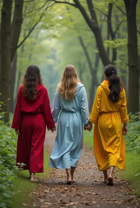 forest background,  three women walking hand in hand and one woman walking in their robes. The three women ,  one eats a red robe ,  one wears a white robe ,  one wears a yellow robe .  And who alone wears a blue robe .