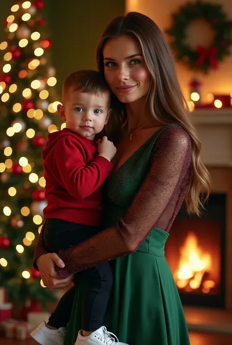 Family in a photo, full angle, hyper quality, realistic full front angle,  young woman of 20 years old Gisele Bündchen with long brown hair , freckles on the face,  looking forward with her body turned from side ,  silver accessories ,  shiny skin,  wearin...