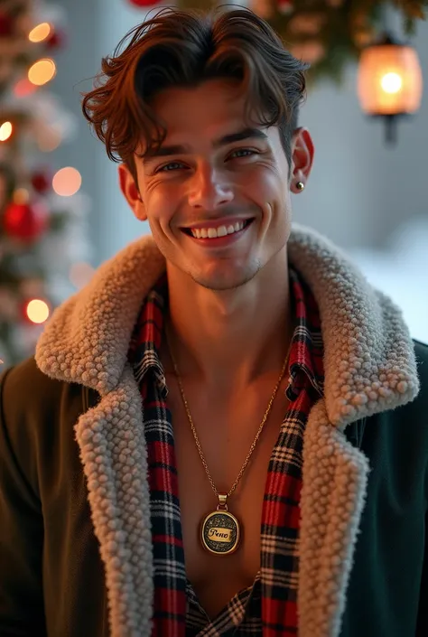 Handsome Christmas-themed young man using necklace with pendant inscribed with natural name