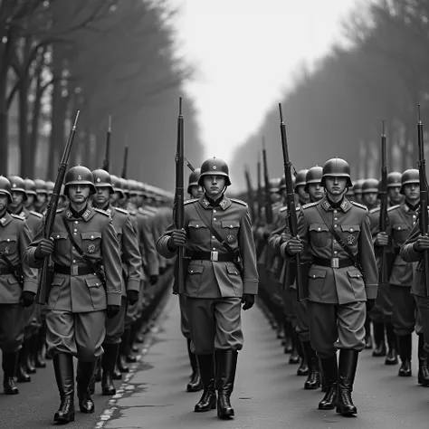  Beautiful black and white photo ,  depicts a military parade .  The layout is a wide-angle shot ,  of a fascinating large group of German Wehrmacht soldiers ,  marching in formation .  German Wehrmacht soldiers are wearing German Army military uniforms fr...