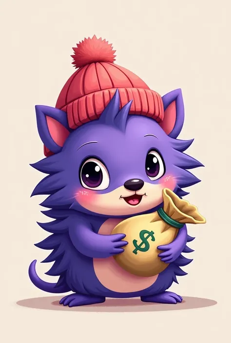 generate purple landak using beani hat, and hold some money