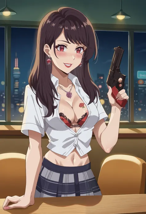 score_9, score_8_up, score_7_up, source_anime, maria kurose, long hair, black hair, red eyes, mole, mole under eye, medium breasts, ear piercing, blush, lipstick,Hot girl, baddie, sensual, attractive, bar background, inside bar,indoors, cityscape, casino, ...