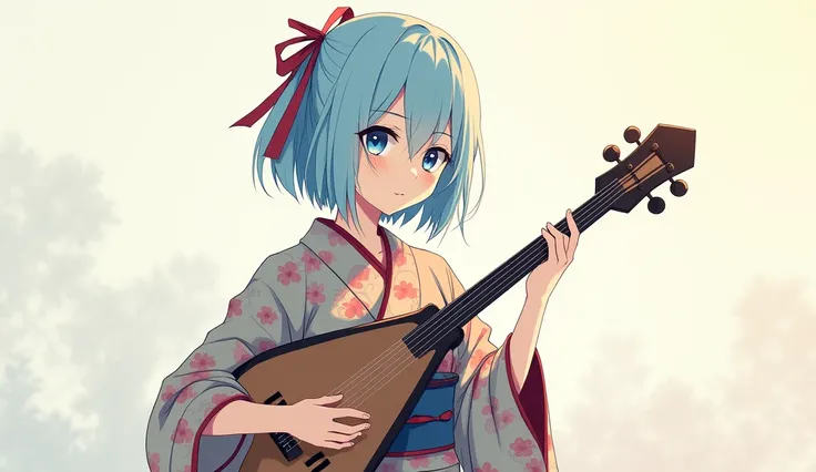 The background is a clean and pale illustration, like a simple and beautiful Japanese ink painting. A beautiful light blue-haired girl wearing a colorful kimono holds a shamisen in her hands. The womans expression is calm, her eyes are slightly blue, and t...