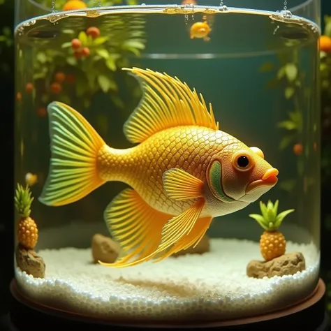  extremely hyper realistic natural photo of a Pineapple Fish :
 A fish with golden scales in a geometric pattern and a green tail .  The cylindrical aquarium has small ornaments that resemble pineapple branches and white gravel. The background wall is illu...